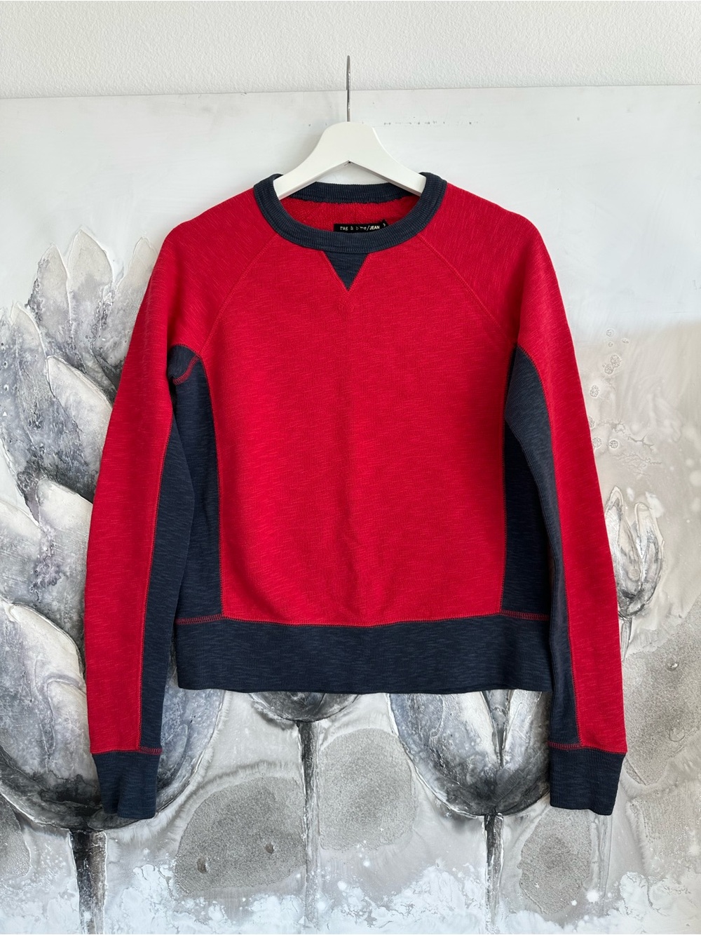 rag & bone Red and Navy Colorblock Crewneck Sweater